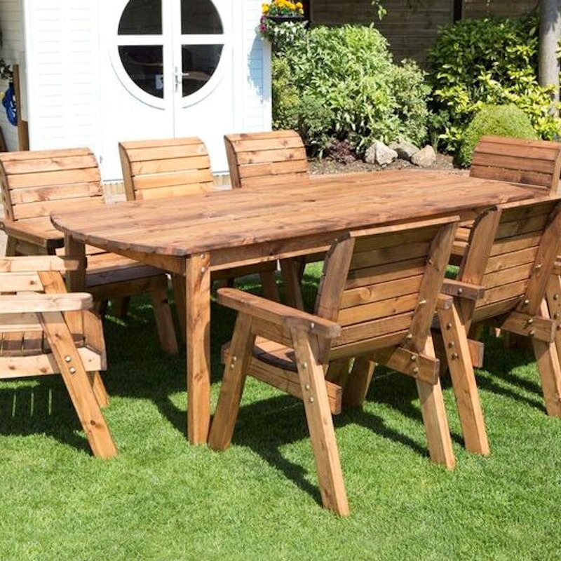 Eight Seater Rectangular Wooden Garden Dining Set with Burgundy Cushions